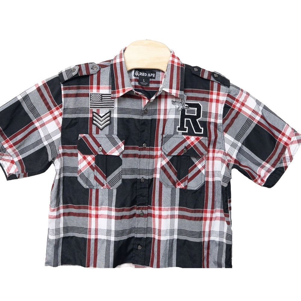 Red Ape Button Down Short Sleeve Shirt Red & Black Plaid Mens Large‎